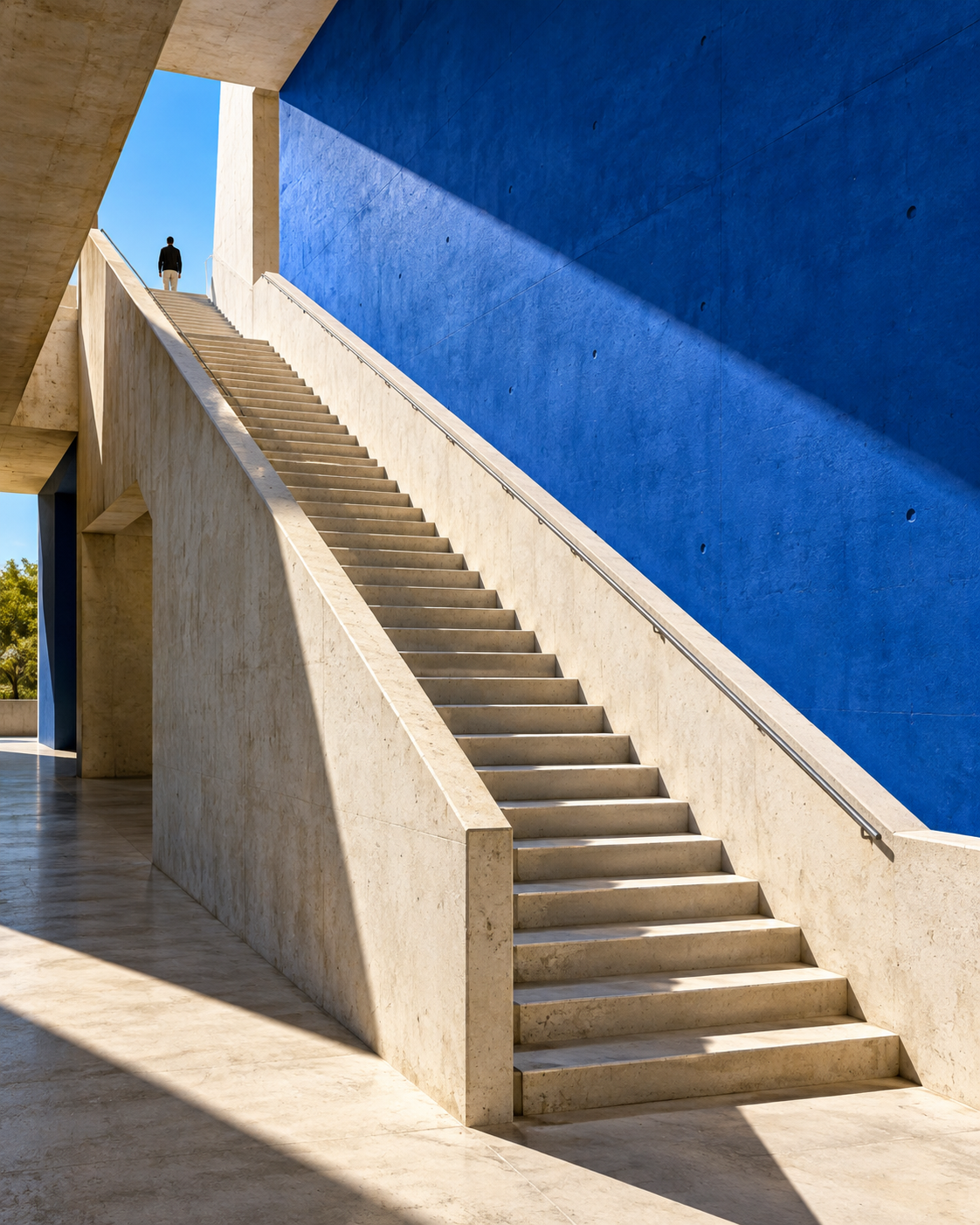 Sunlit stairs rising beside a striking cobalt-blue wall